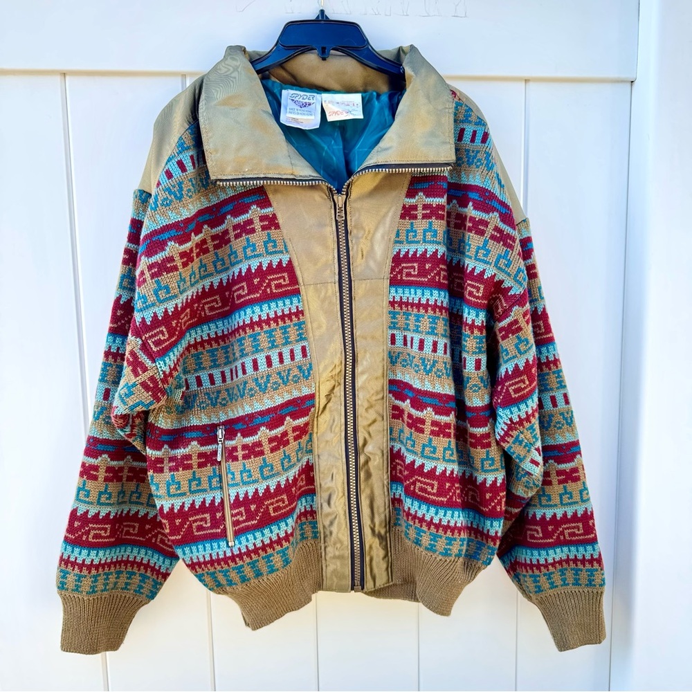 Vintage Spyder Wool Knit Ski Snow Sweater Jacket Full Zip Gold Metallic Large